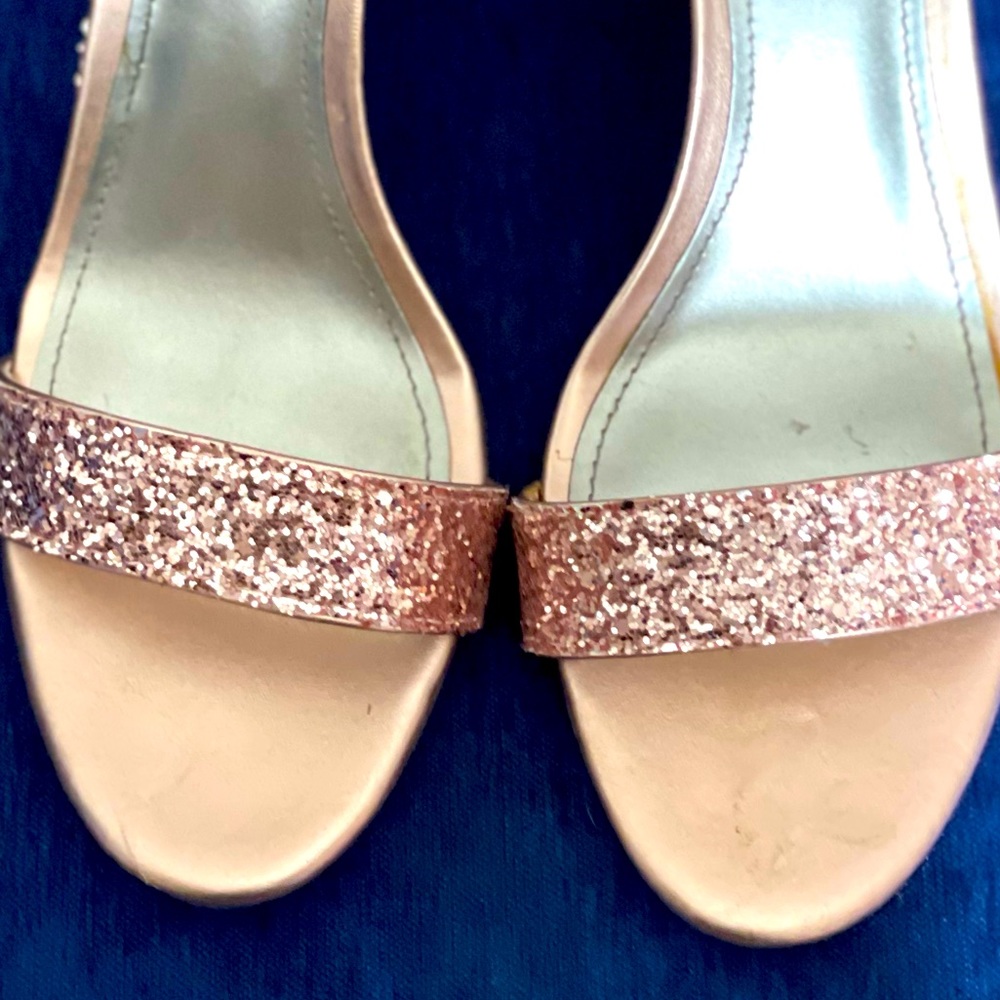 Sparkly Hot Pink Glitter Open Toe Ankle Strap Block Heels - Picture 8 of 9
